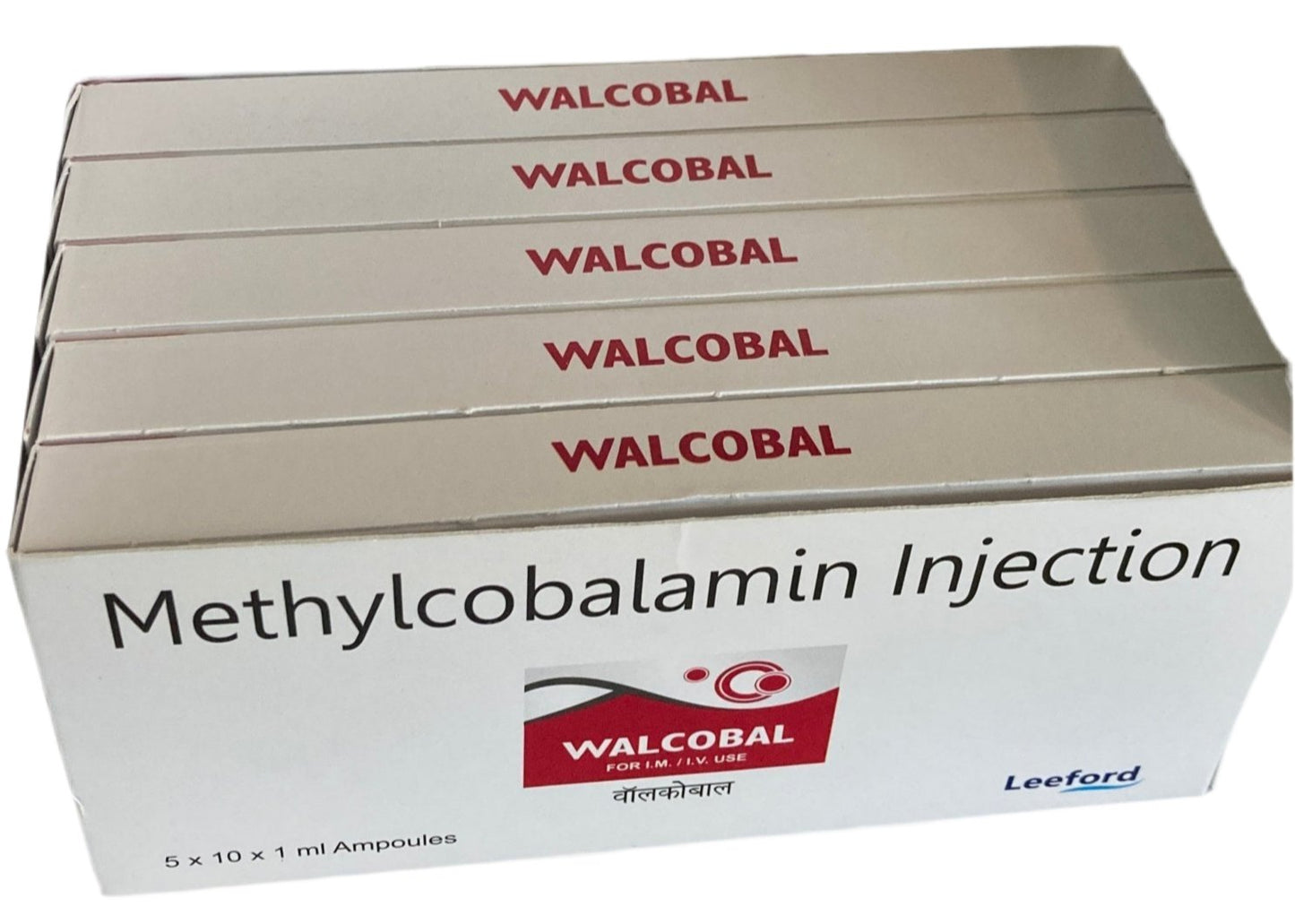 White boxes of vitamin b12 Methylcobalamin with the label brand name Wacobal