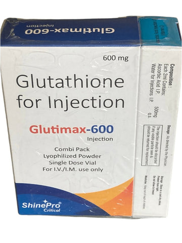 Picture of one box of Tad600mg glutathione. 1 white and blue box with 10 vials of glutathione and 10 ampoules of bac water.