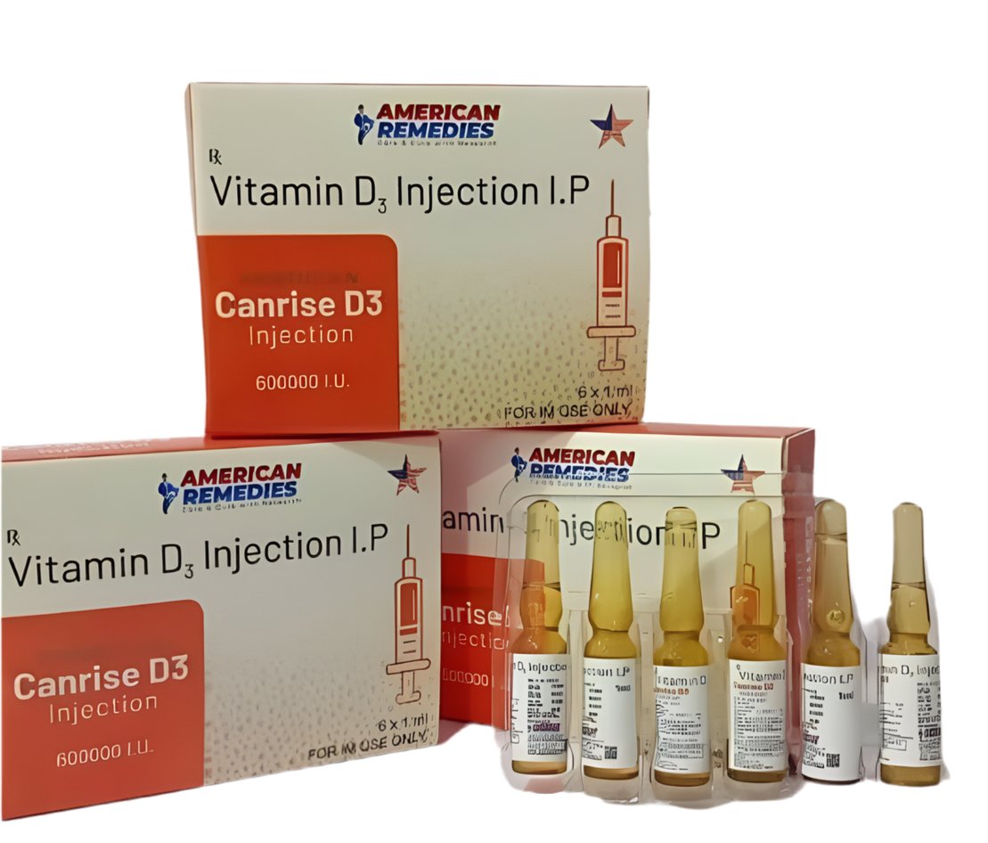 3 boxes of vitamin D3 Cholecalciferol Injections. On a white background with 5 brown ampoules of D3. Brand name is Canrise.