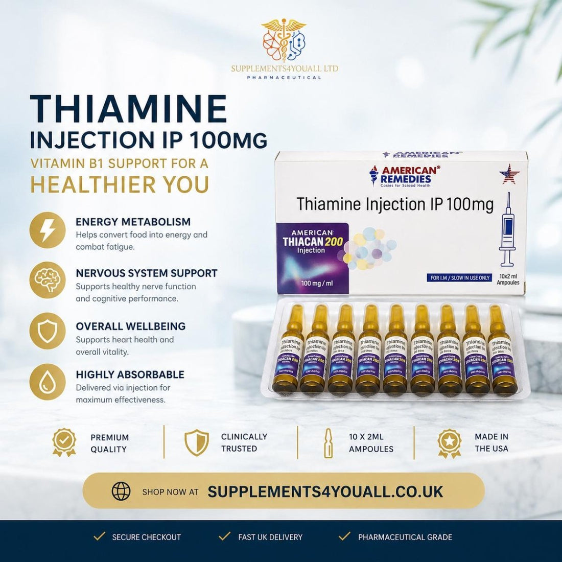 B1 Thiamine Injection 200mg | Vitamin B1 | IM / IV Use - Supplements4YouAll - B Complex