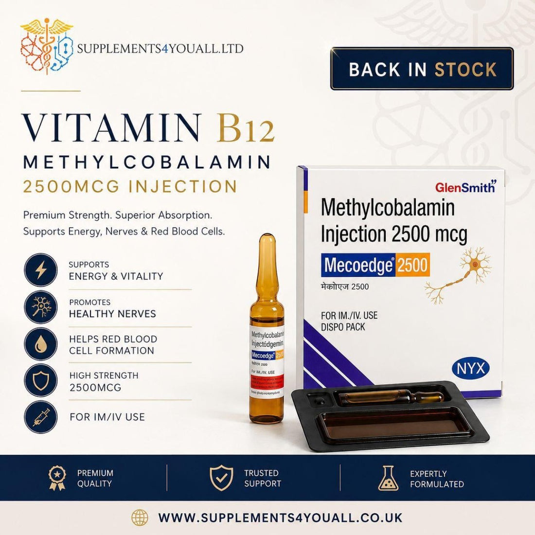 B12 Methylcobalamin injection 2500mg 1 x 1ml Amp with Syringe - Supplements4YouAll - Vitamins