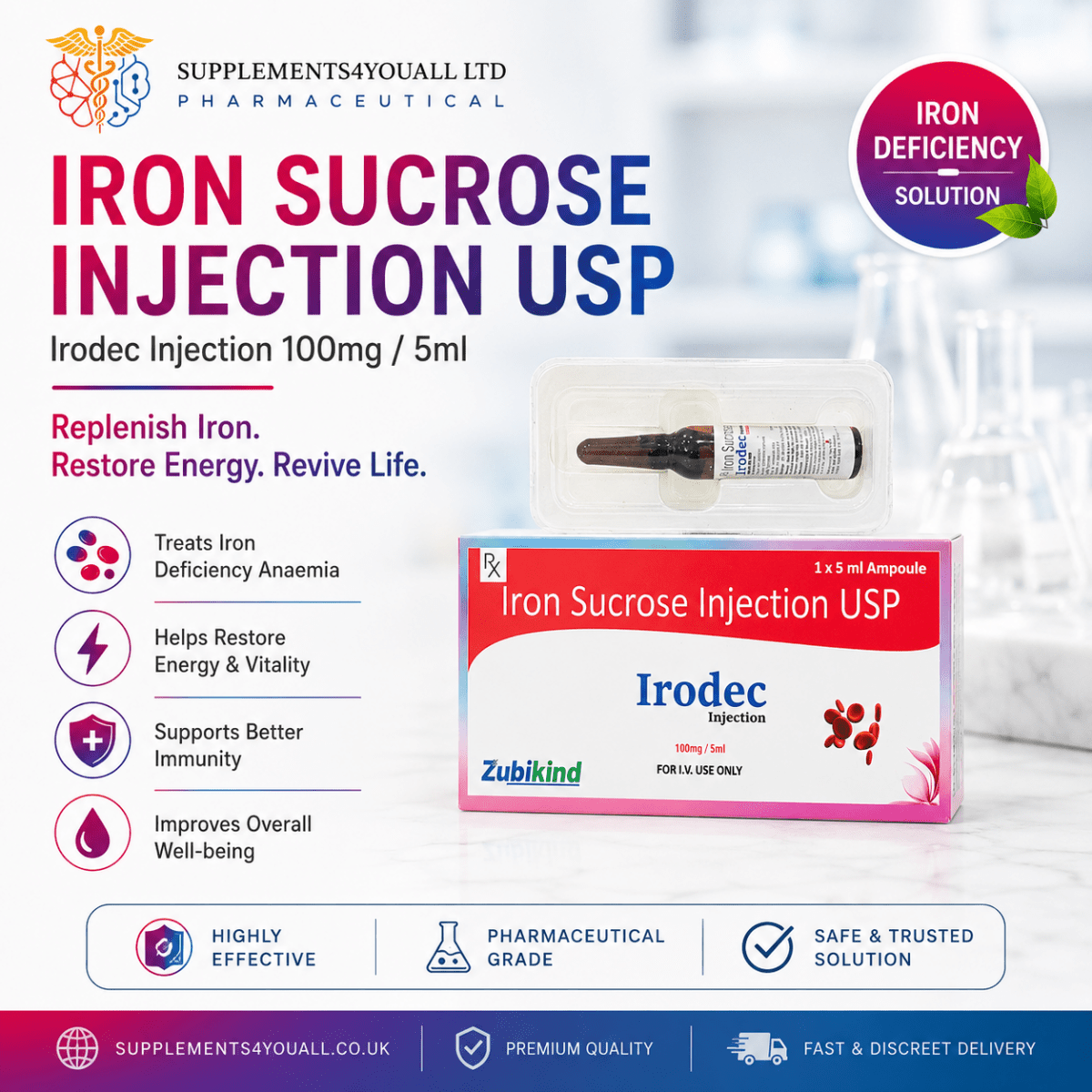 Iron Injection 100mg | 1 x 5ml vial | Iron Sucrose For IV Use Only - Supplements4YouAll - Supplement