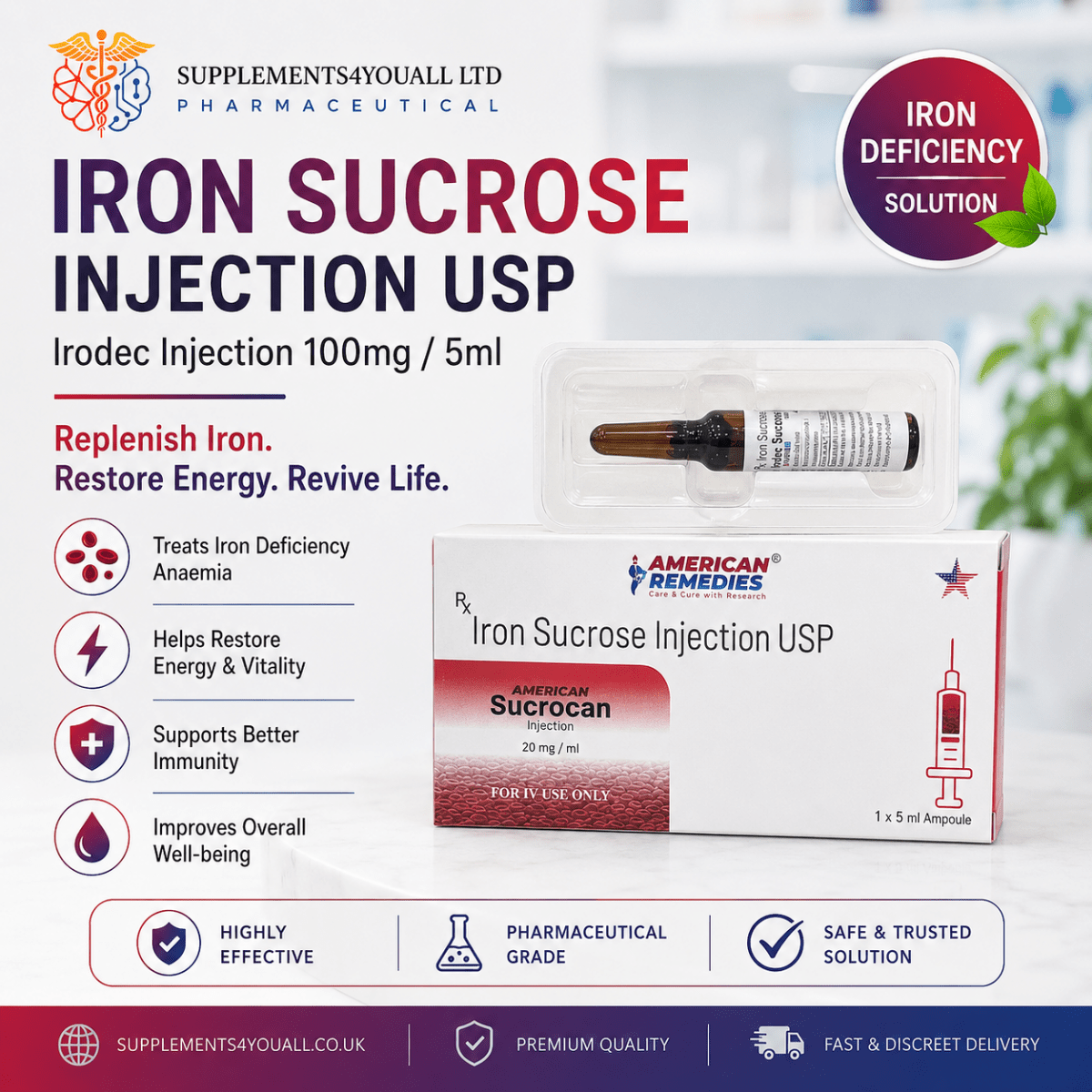 Iron Injections 100mg | Iron Sucrose | IV Use Only - Supplements4YouAll - Supplement