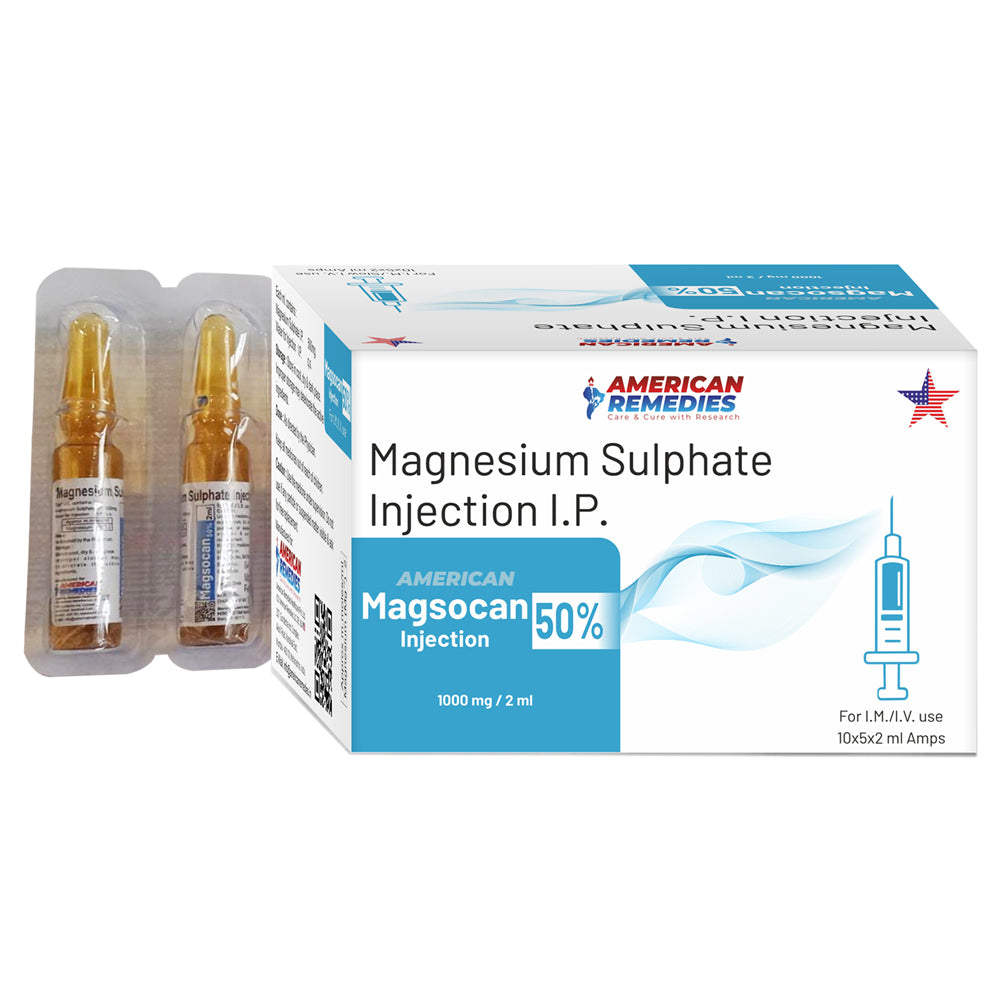 A white and blue box of magnesium sulphate, branded by American Remedies, with two ampoules arranged flat on a pale white table.