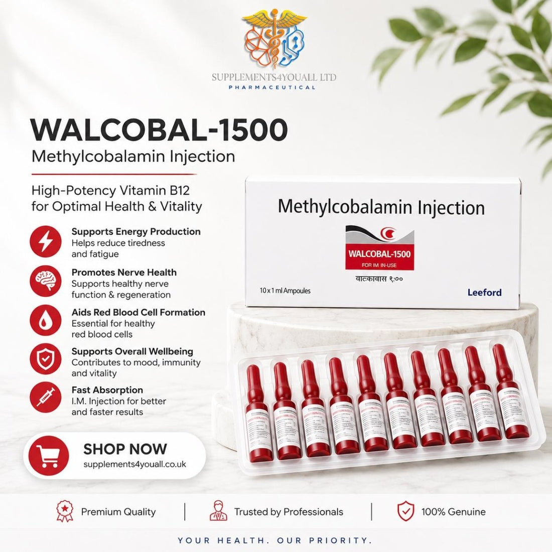 Methylcobalamin B12 Injection 1500mcg - High Strength Vitamin B12 Injection - Supplements4YouAll - Vitamins