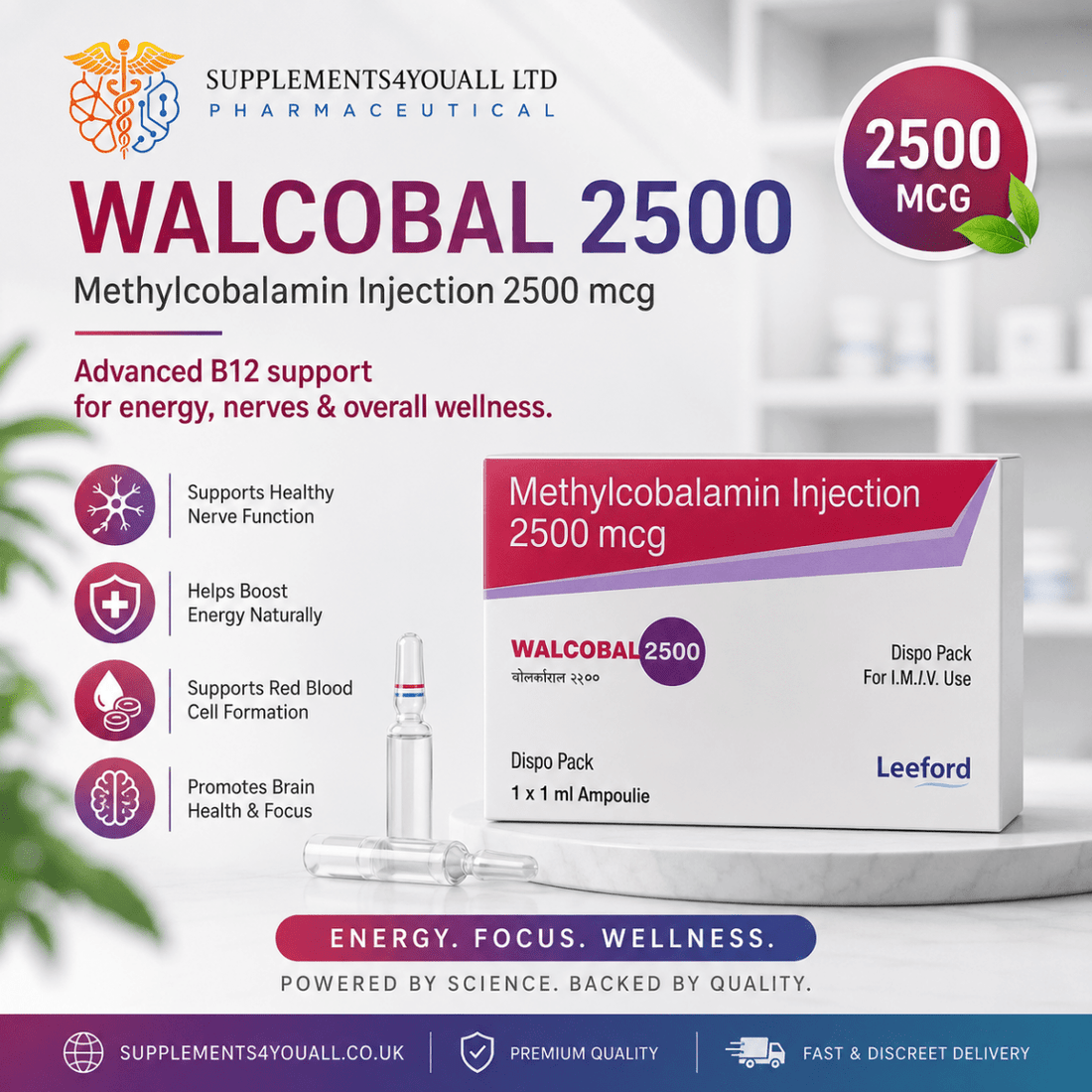 Methylcobalamin B12 Injection 2500mcg includes Needles & Syringes - Supplements4YouAll - Vitamins