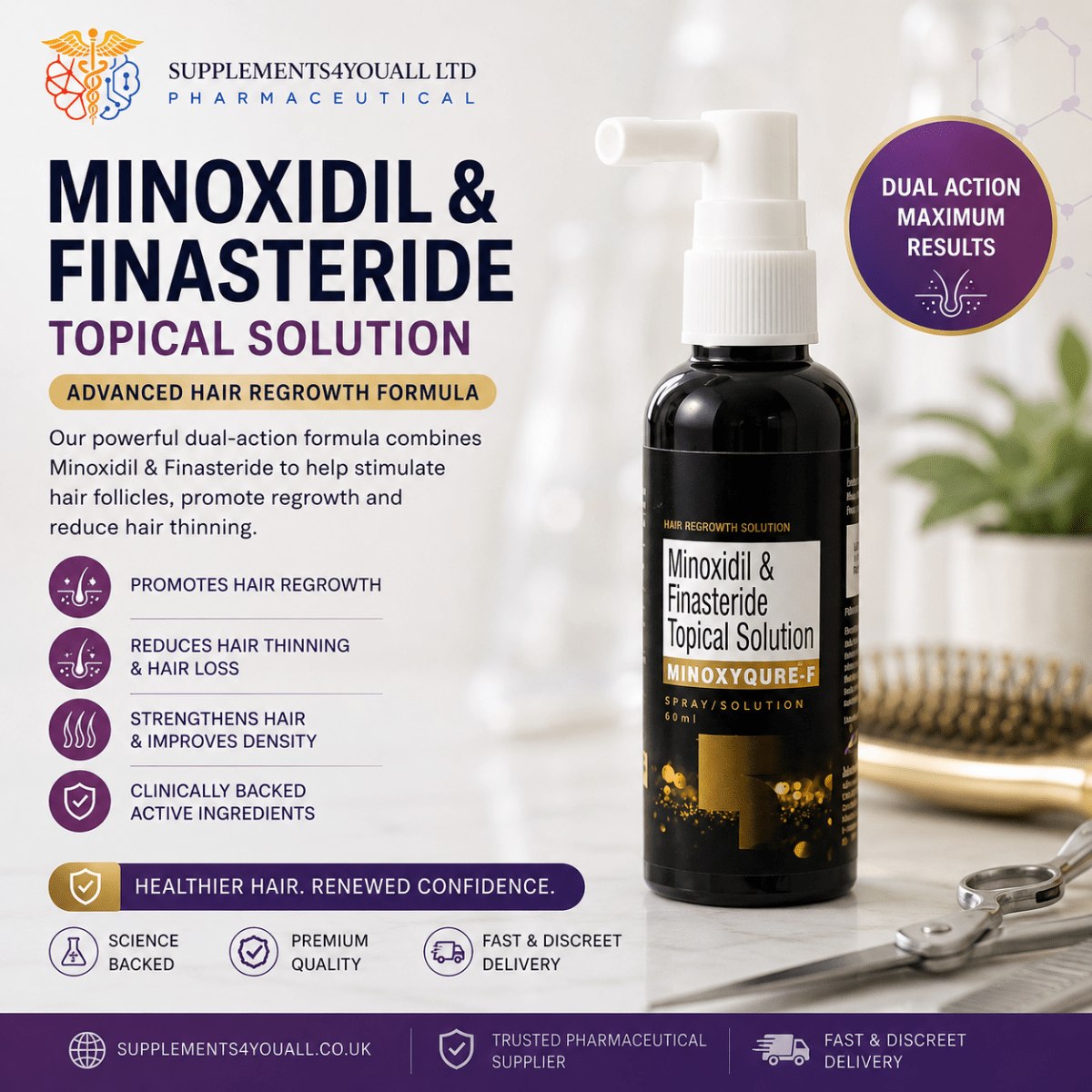 Minoxidil 5% & Finasteride Topical Solution for Men 60 ml | Hair Loss Treatment - Supplements4YouAll - Hair Treatment