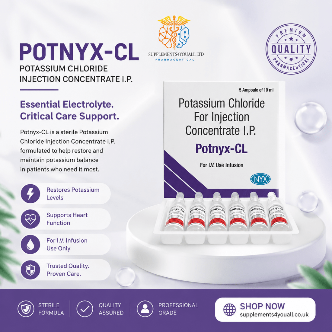 Potassium 150mg Injectable Solution | IV Electrolyte Replacement Support - Supplements4YouAll - Minerals