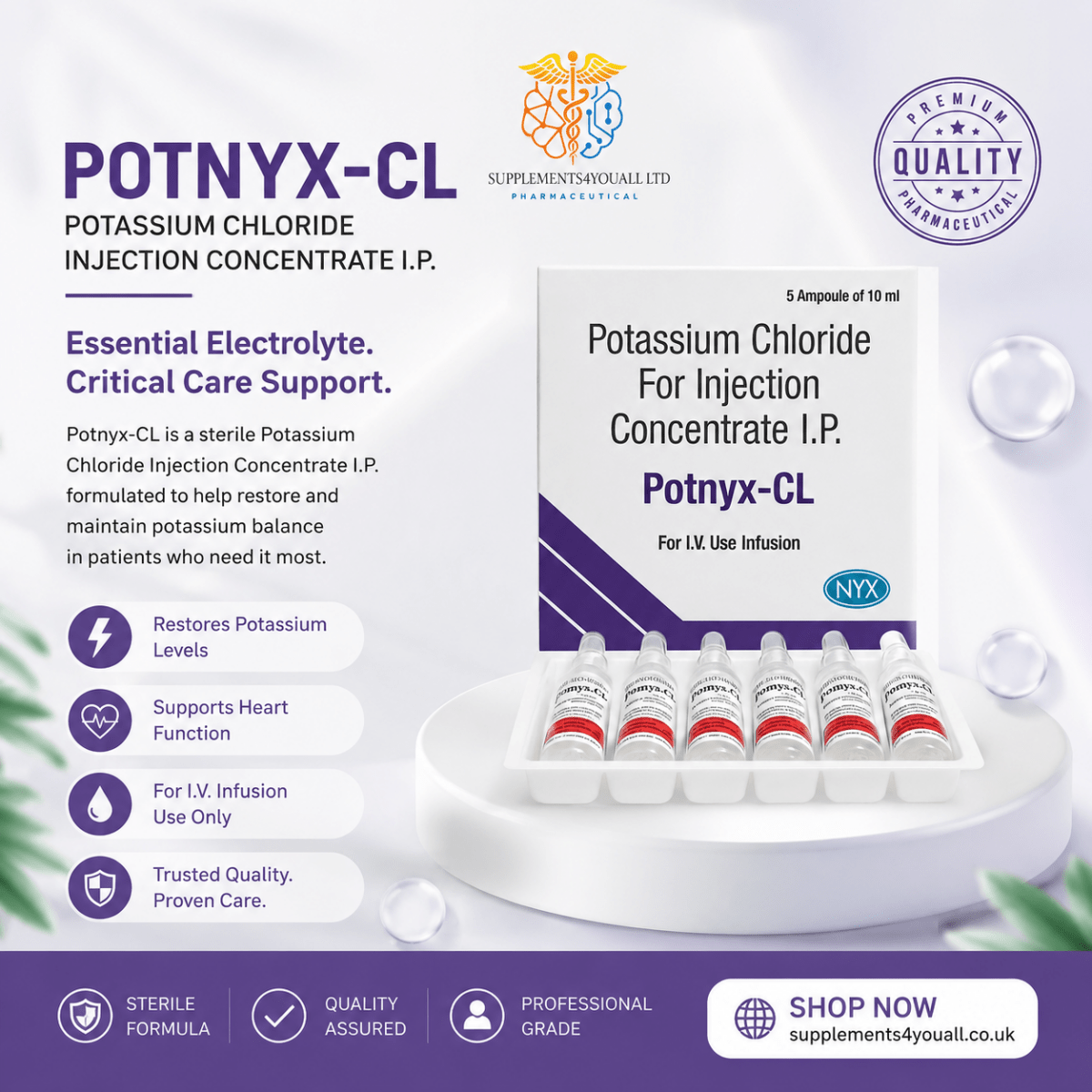 Potassium 150mg Injectable Solution | IV Electrolyte Replacement Support - Supplements4YouAll - Minerals