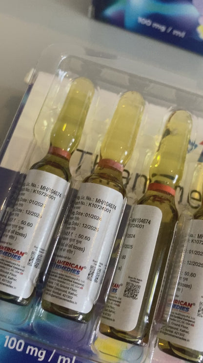 Video of an opened box B1 thiamine ampoules on a grey table.