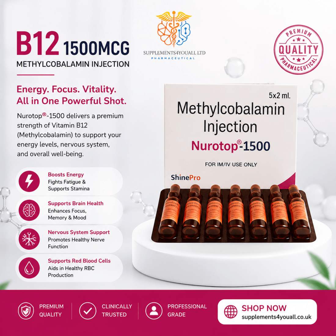Vitamin B12 Methylcobalamin 1500mcg Injection | 5 x 2ml | IM / IV Use - Supplements4YouAll - Vitamins