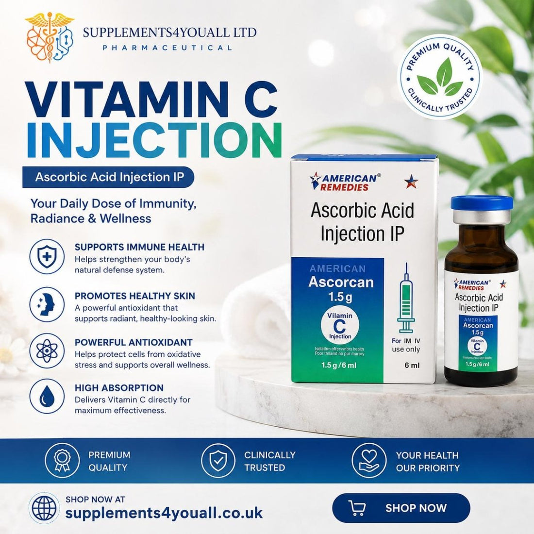 Vitamin C Injection 1500mg / 6ml Vial | For IM, IV, SC Use - Supplements4YouAll - Vitamins