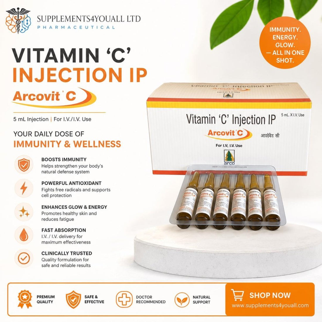 Vitamin C Injection 500mg | 5ml Ampoules | IM / IV Use - Supplements4YouAll - Vitamins