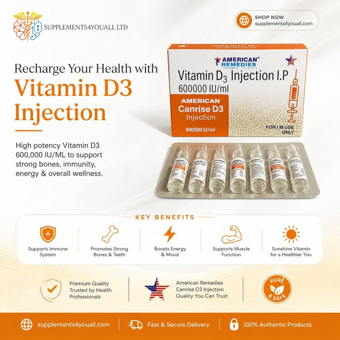 Vitamin D3 Cholecalciferol Injection 600,000 IUs | 6 x 1ml Ampoules | IM Use Only - Supplements4YouAll - Vitamins
