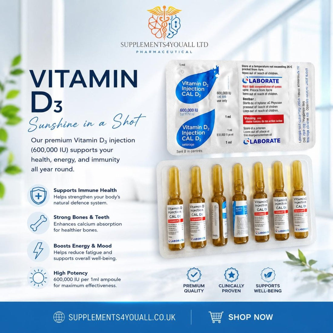 Vitamin D3 Injection Cholecalciferol | 5 x 1 ml | IM Use Only - Supplements4YouAll - Vitamins