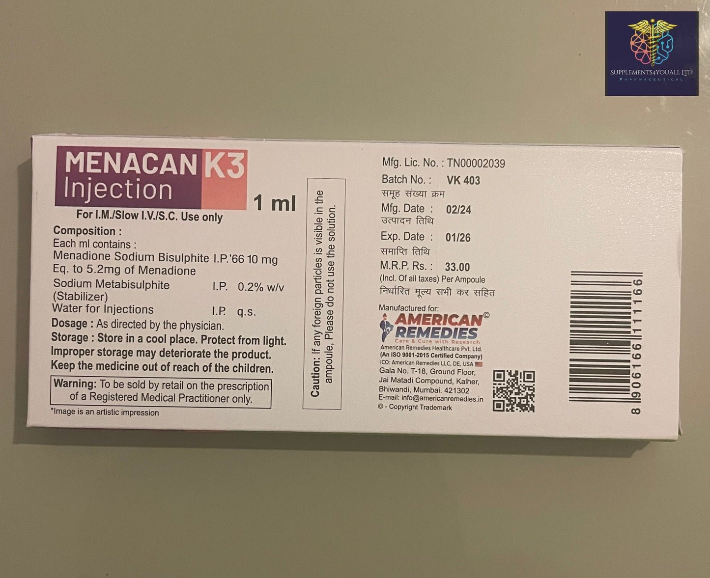 Vitamin K3 Injection | Menadione Sodium Bisulphite Injection - Supplements4YouAll - Vitamins