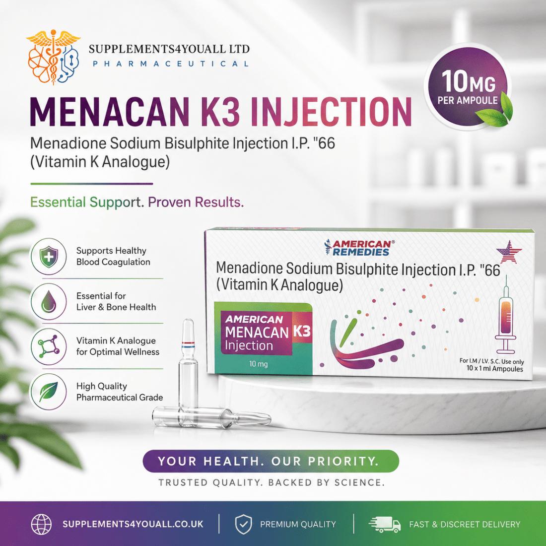 Vitamin K3 Injections | 10 x 1ml | IM/IV - Supplements4YouAll - Vitamins